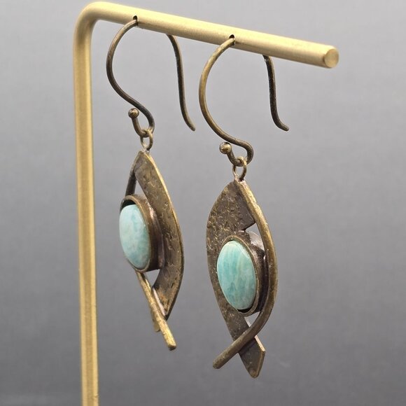 VTG Egyptian Revival Brass & Amazonite Dangle Earrings 2" Shepards Hook - Picture 8 of 8